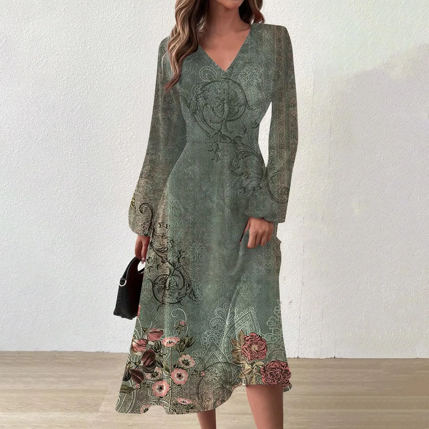 HXHYQKP Women's Formal Dresses Birthday Gifts for Women Boho Dress Long Sleeve Wrap V Neck Ruffle Belted Maxi Dresse