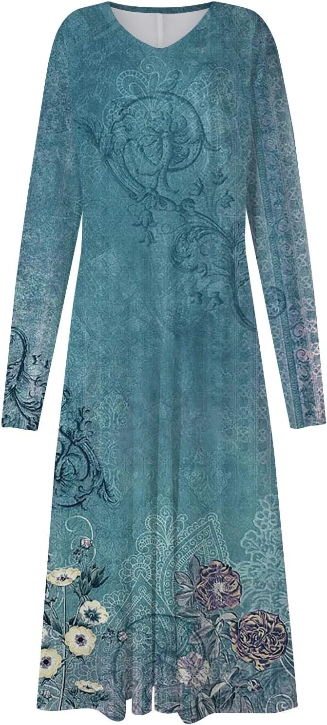 HXHYQKP Women's Formal Dresses Birthday Gifts for Women Boho Dress Long Sleeve Wrap V Neck Ruffle Belted Maxi Dresse