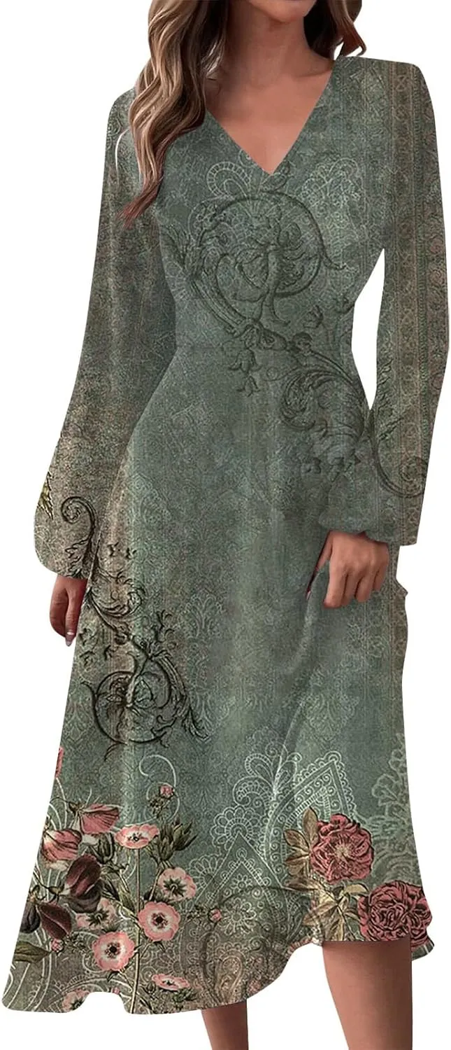 HXHYQKP Women's Formal Dresses Birthday Gifts for Women Boho Dress Long Sleeve Wrap V Neck Ruffle Belted Maxi Dresse