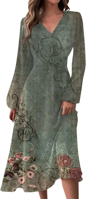 HXHYQKP Women's Formal Dresses Birthday Gifts for Women Boho Dress Long Sleeve Wrap V Neck Ruffle Belted Maxi Dresse