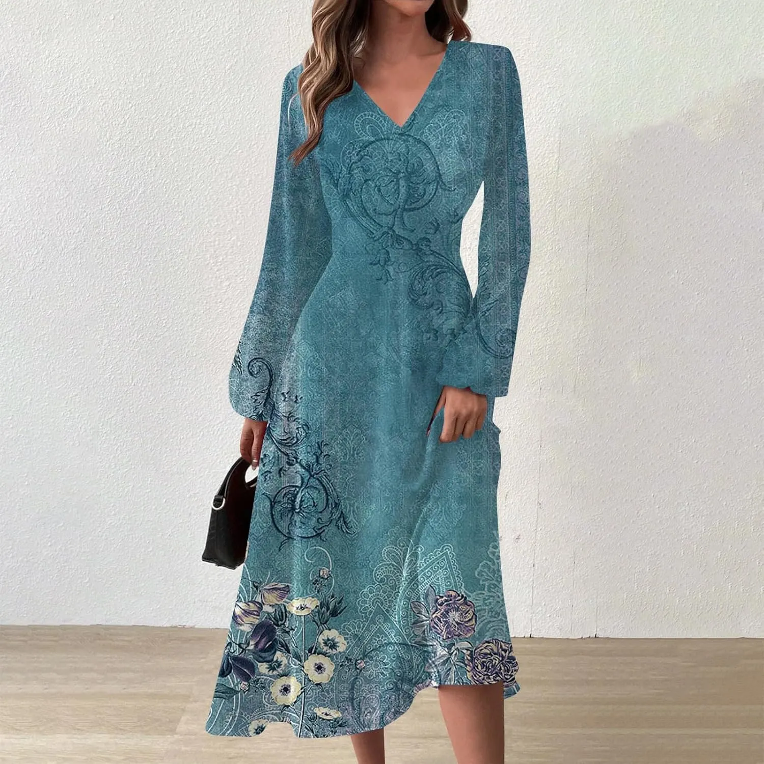 HXHYQKP Women's Formal Dresses Birthday Gifts for Women Boho Dress Long Sleeve Wrap V Neck Ruffle Belted Maxi Dresse