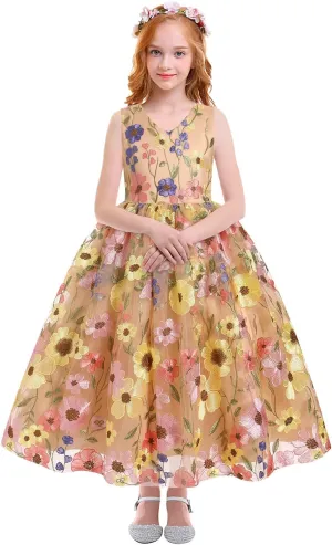 IBTOM CASTLE Flower Girls Tutu Dress Kids Embroidered Wedding Bridesmaid Dress Girl Pirncess Birthday Party Dress Ball Gown