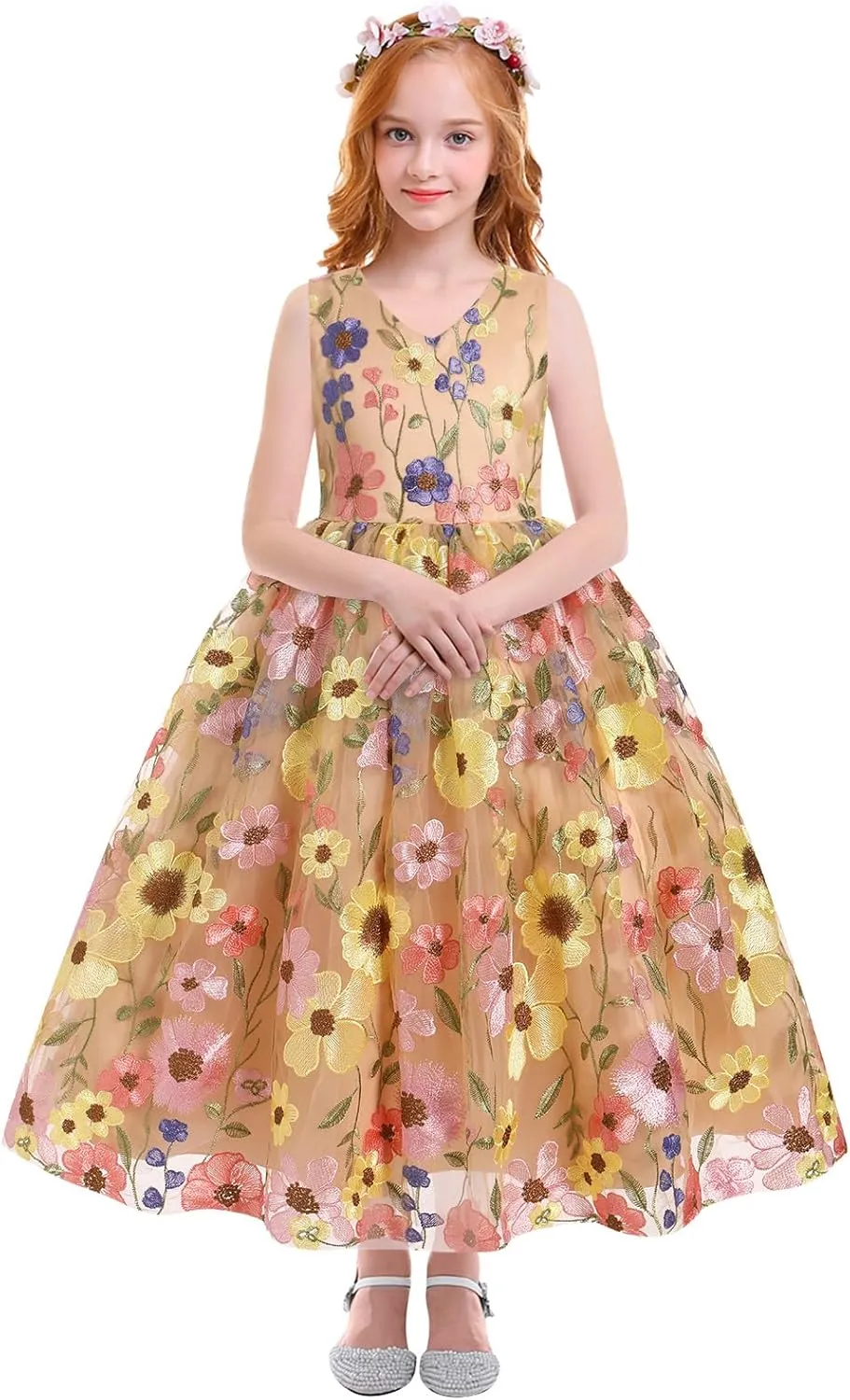 IBTOM CASTLE Flower Girls Tutu Dress Kids Embroidered Wedding Bridesmaid Dress Girl Pirncess Birthday Party Dress Ball Gown