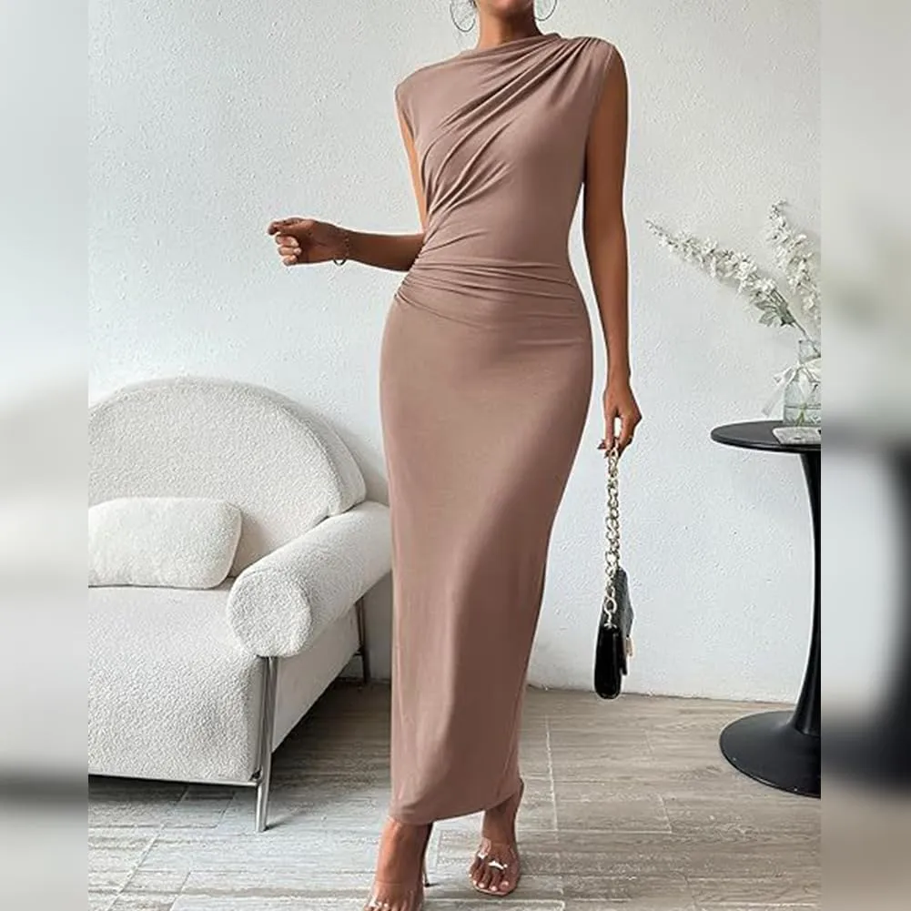 IDOPIP Women Formal Mock Neck Ruched Bodycon Dress Elegant Sleeveless Maxi Dress Prom Cocktail Party Wedding Guest Outfit