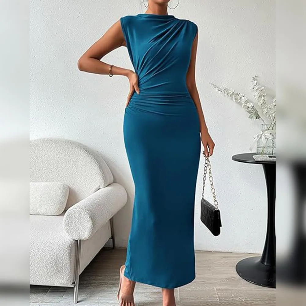 IDOPIP Women Formal Mock Neck Ruched Bodycon Dress Elegant Sleeveless Maxi Dress Prom Cocktail Party Wedding Guest Outfit