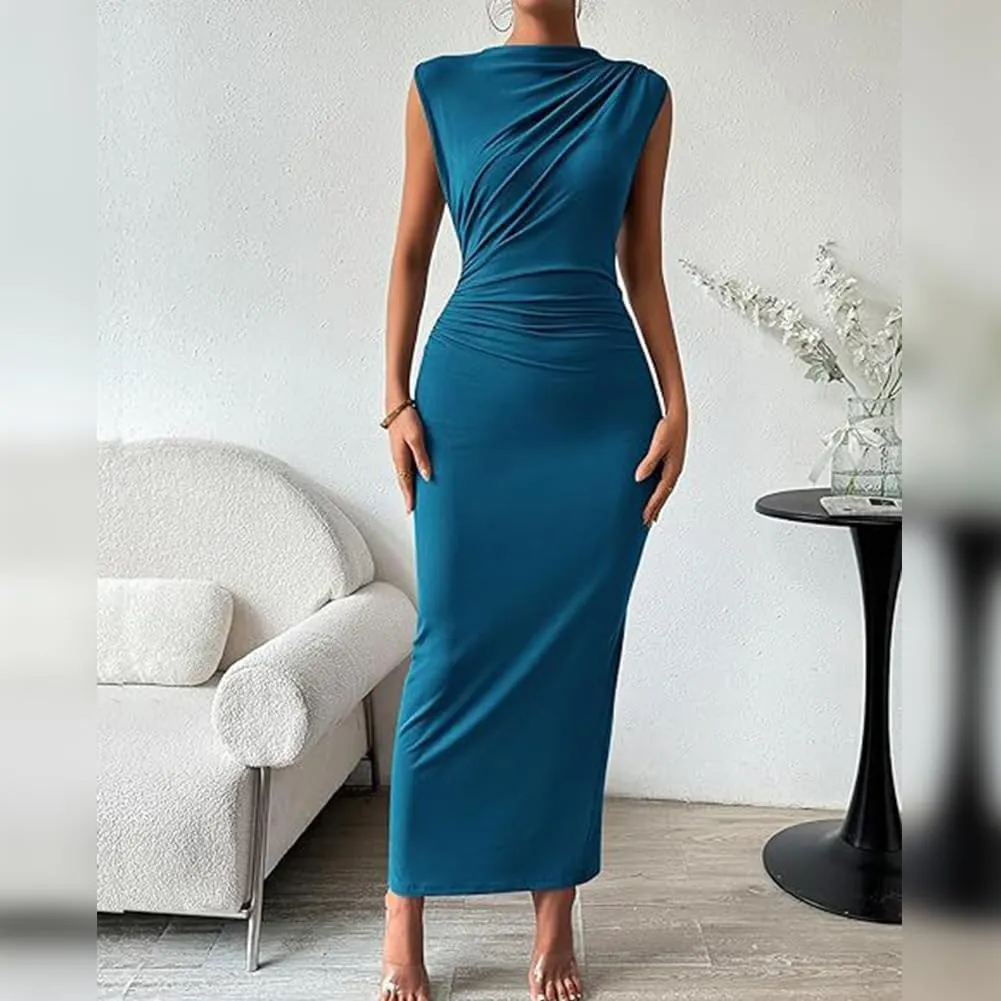 IDOPIP Women Formal Mock Neck Ruched Bodycon Dress Elegant Sleeveless Maxi Dress Prom Cocktail Party Wedding Guest Outfit