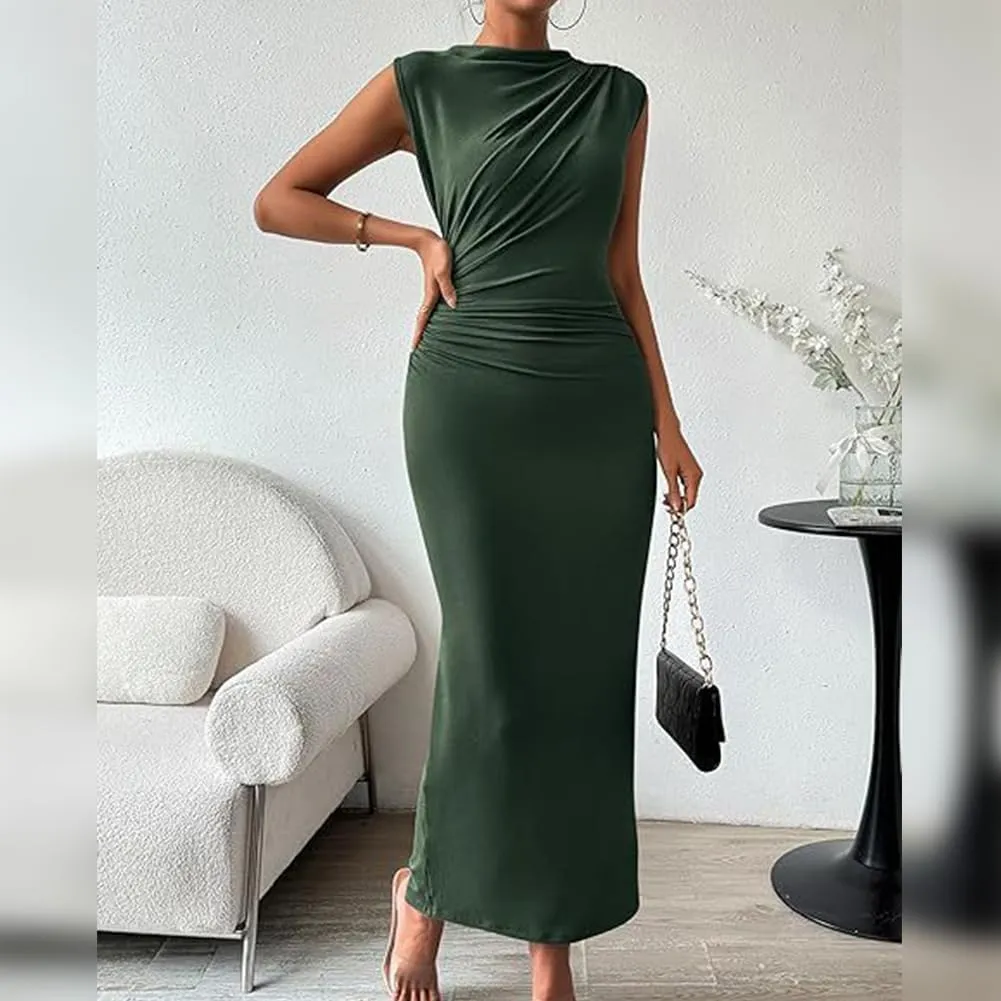IDOPIP Women Formal Mock Neck Ruched Bodycon Dress Elegant Sleeveless Maxi Dress Prom Cocktail Party Wedding Guest Outfit
