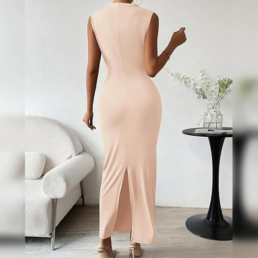 IDOPIP Women Formal Mock Neck Ruched Bodycon Dress Elegant Sleeveless Maxi Dress Prom Cocktail Party Wedding Guest Outfit