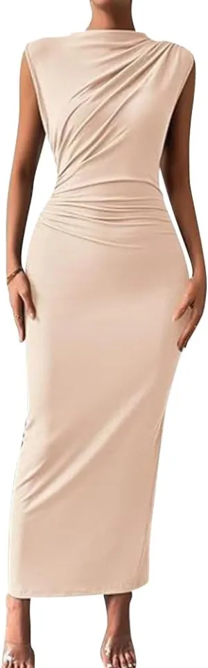 IDOPIP Women Formal Mock Neck Ruched Bodycon Dress Elegant Sleeveless Maxi Dress Prom Cocktail Party Wedding Guest Outfit