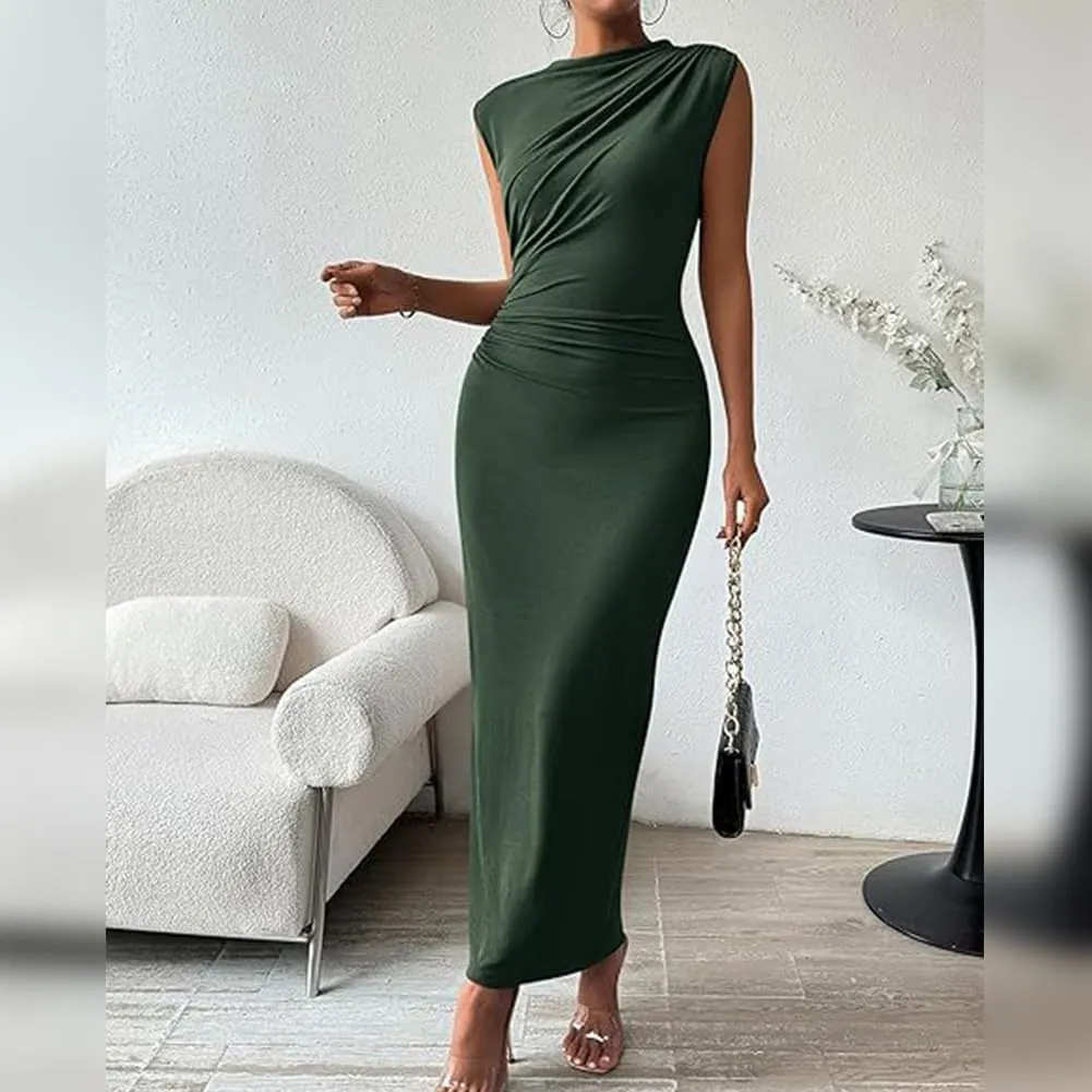 IDOPIP Women Formal Mock Neck Ruched Bodycon Dress Elegant Sleeveless Maxi Dress Prom Cocktail Party Wedding Guest Outfit