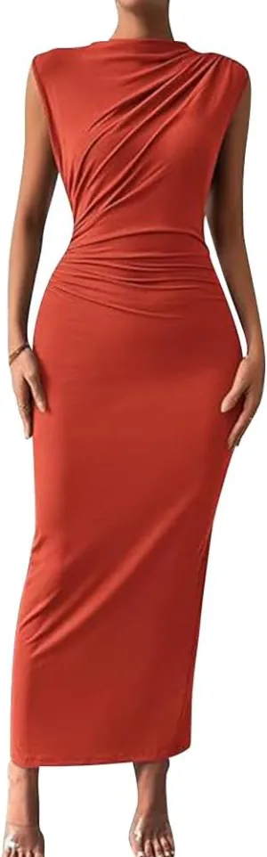 IDOPIP Women Formal Mock Neck Ruched Bodycon Dress Elegant Sleeveless Maxi Dress Prom Cocktail Party Wedding Guest Outfit