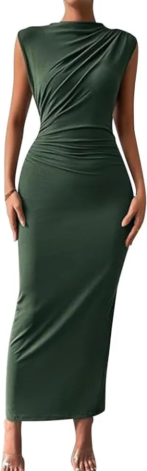 IDOPIP Women Formal Mock Neck Ruched Bodycon Dress Elegant Sleeveless Maxi Dress Prom Cocktail Party Wedding Guest Outfit