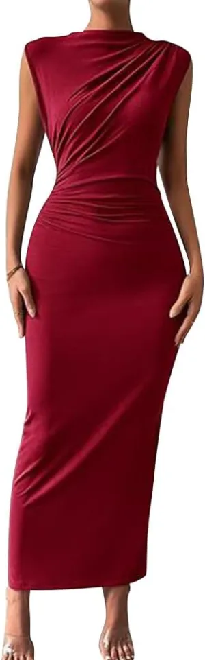 IDOPIP Women Formal Mock Neck Ruched Bodycon Dress Elegant Sleeveless Maxi Dress Prom Cocktail Party Wedding Guest Outfit
