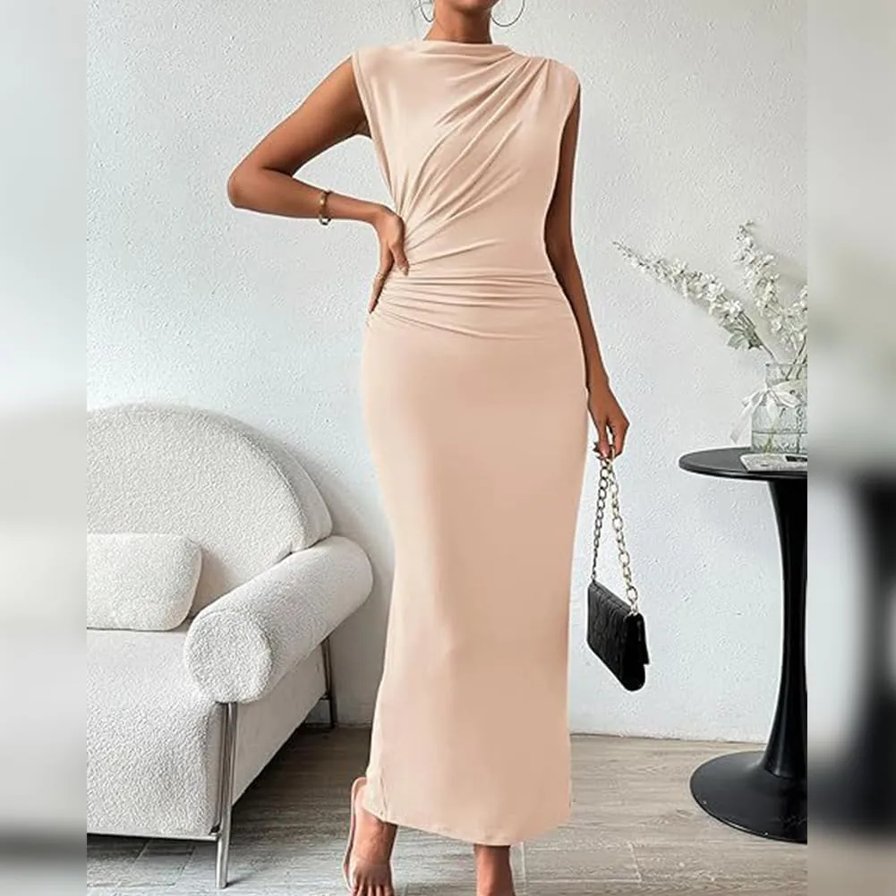 IDOPIP Women Formal Mock Neck Ruched Bodycon Dress Elegant Sleeveless Maxi Dress Prom Cocktail Party Wedding Guest Outfit