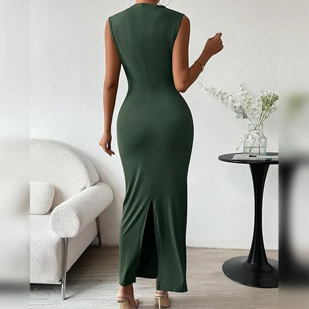 IDOPIP Women Formal Mock Neck Ruched Bodycon Dress Elegant Sleeveless Maxi Dress Prom Cocktail Party Wedding Guest Outfit