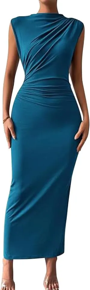 IDOPIP Women Formal Mock Neck Ruched Bodycon Dress Elegant Sleeveless Maxi Dress Prom Cocktail Party Wedding Guest Outfit