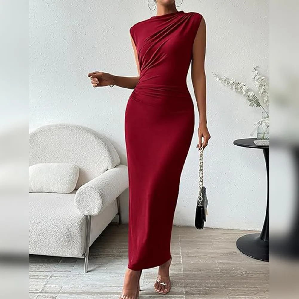 IDOPIP Women Formal Mock Neck Ruched Bodycon Dress Elegant Sleeveless Maxi Dress Prom Cocktail Party Wedding Guest Outfit