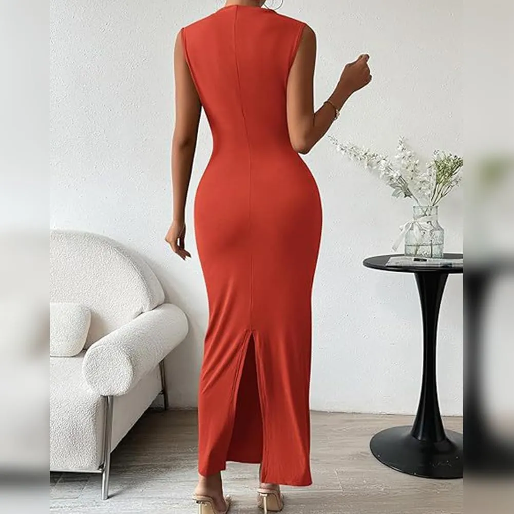 IDOPIP Women Formal Mock Neck Ruched Bodycon Dress Elegant Sleeveless Maxi Dress Prom Cocktail Party Wedding Guest Outfit