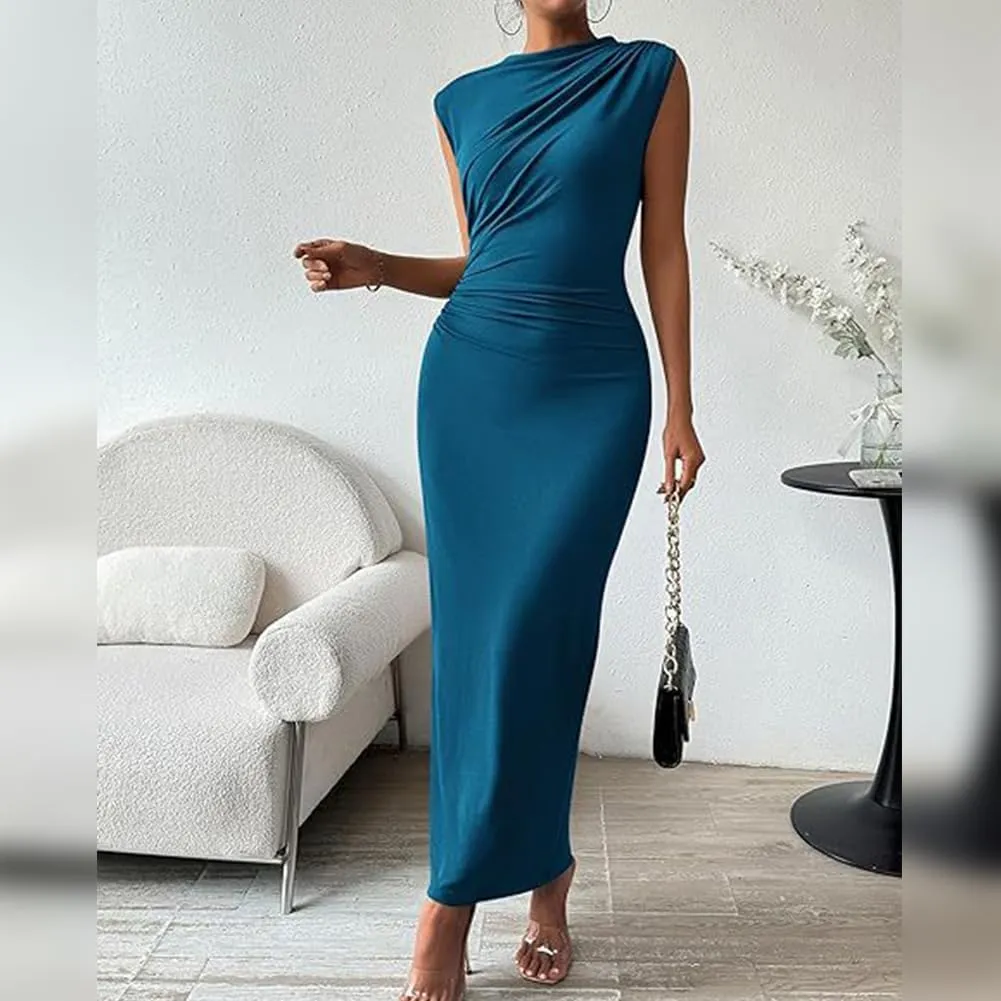 IDOPIP Women Formal Mock Neck Ruched Bodycon Dress Elegant Sleeveless Maxi Dress Prom Cocktail Party Wedding Guest Outfit