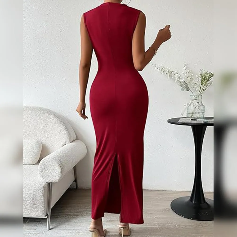 IDOPIP Women Formal Mock Neck Ruched Bodycon Dress Elegant Sleeveless Maxi Dress Prom Cocktail Party Wedding Guest Outfit