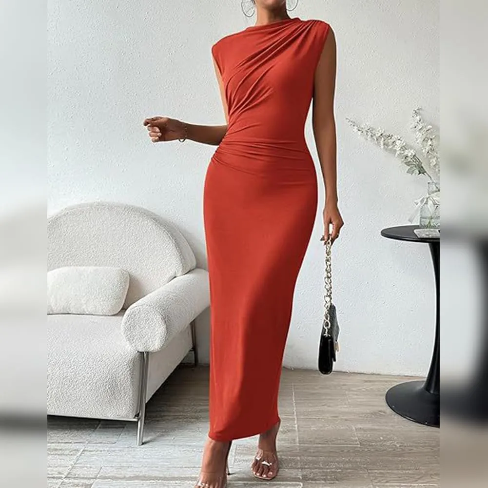 IDOPIP Women Formal Mock Neck Ruched Bodycon Dress Elegant Sleeveless Maxi Dress Prom Cocktail Party Wedding Guest Outfit