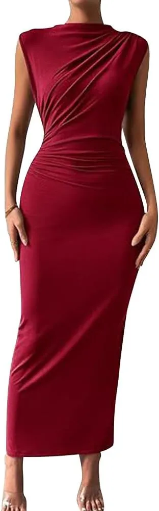 IDOPIP Women Formal Mock Neck Ruched Bodycon Dress Elegant Sleeveless Maxi Dress Prom Cocktail Party Wedding Guest Outfit