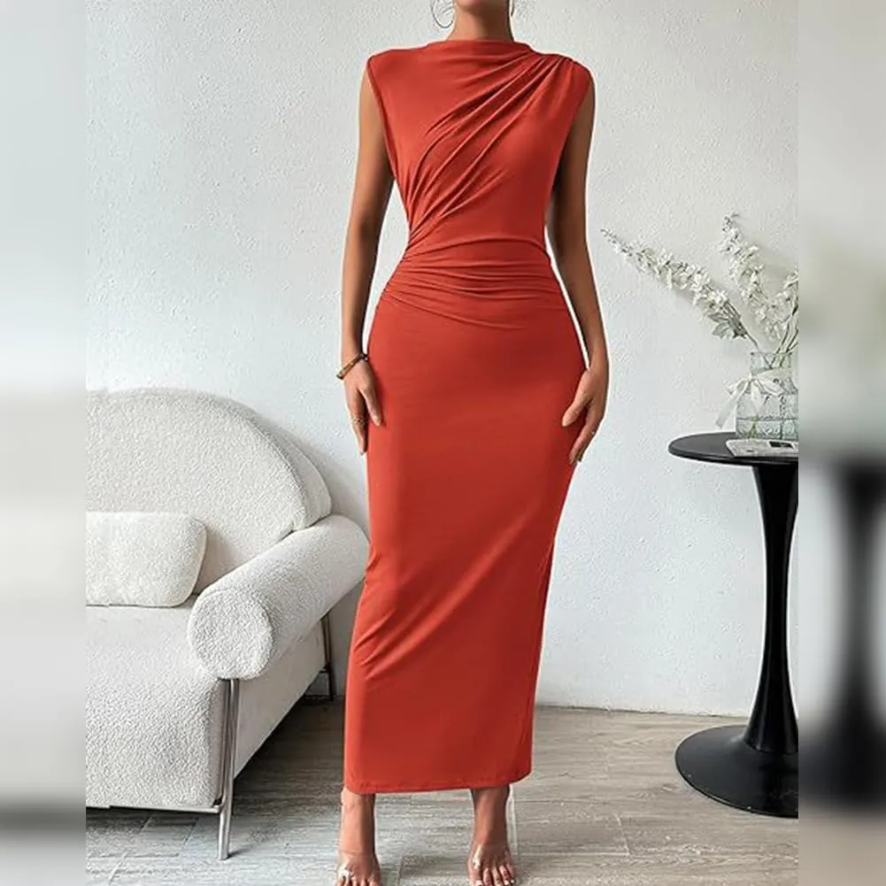 IDOPIP Women Formal Mock Neck Ruched Bodycon Dress Elegant Sleeveless Maxi Dress Prom Cocktail Party Wedding Guest Outfit