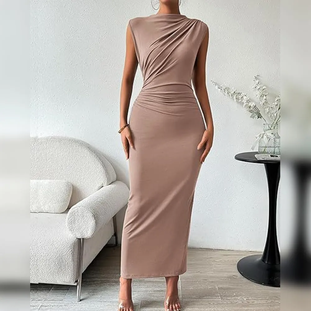 IDOPIP Women Formal Mock Neck Ruched Bodycon Dress Elegant Sleeveless Maxi Dress Prom Cocktail Party Wedding Guest Outfit