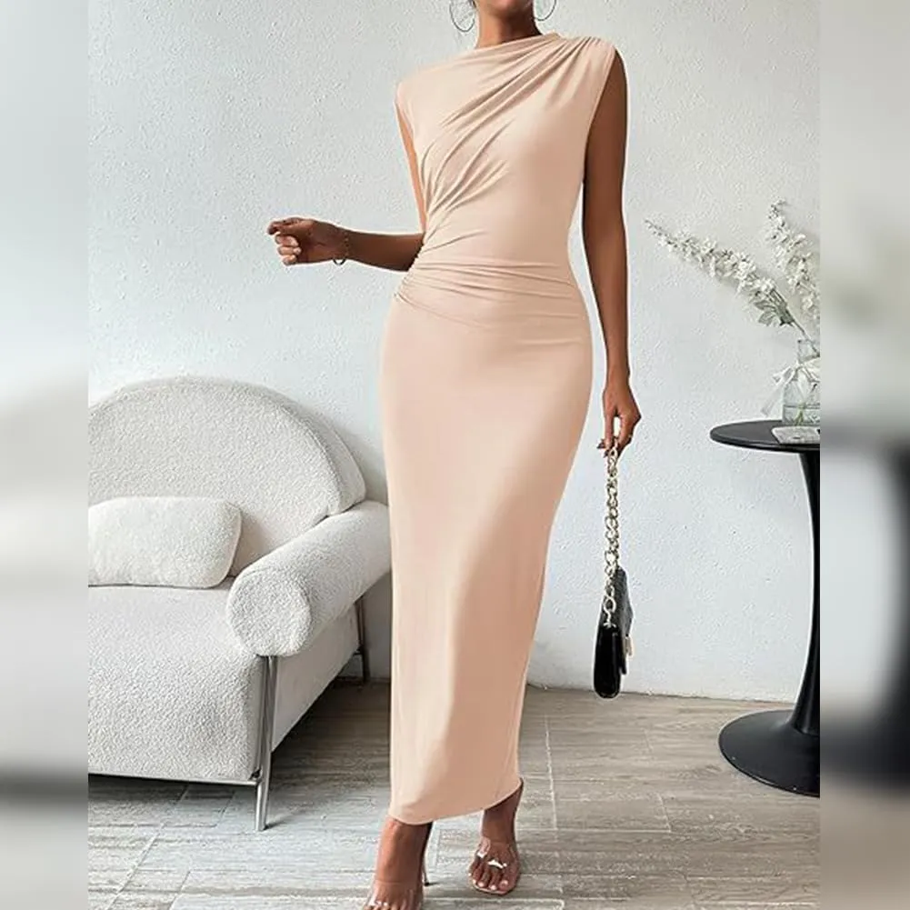 IDOPIP Women Formal Mock Neck Ruched Bodycon Dress Elegant Sleeveless Maxi Dress Prom Cocktail Party Wedding Guest Outfit