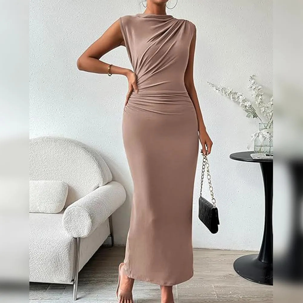 IDOPIP Women Formal Mock Neck Ruched Bodycon Dress Elegant Sleeveless Maxi Dress Prom Cocktail Party Wedding Guest Outfit