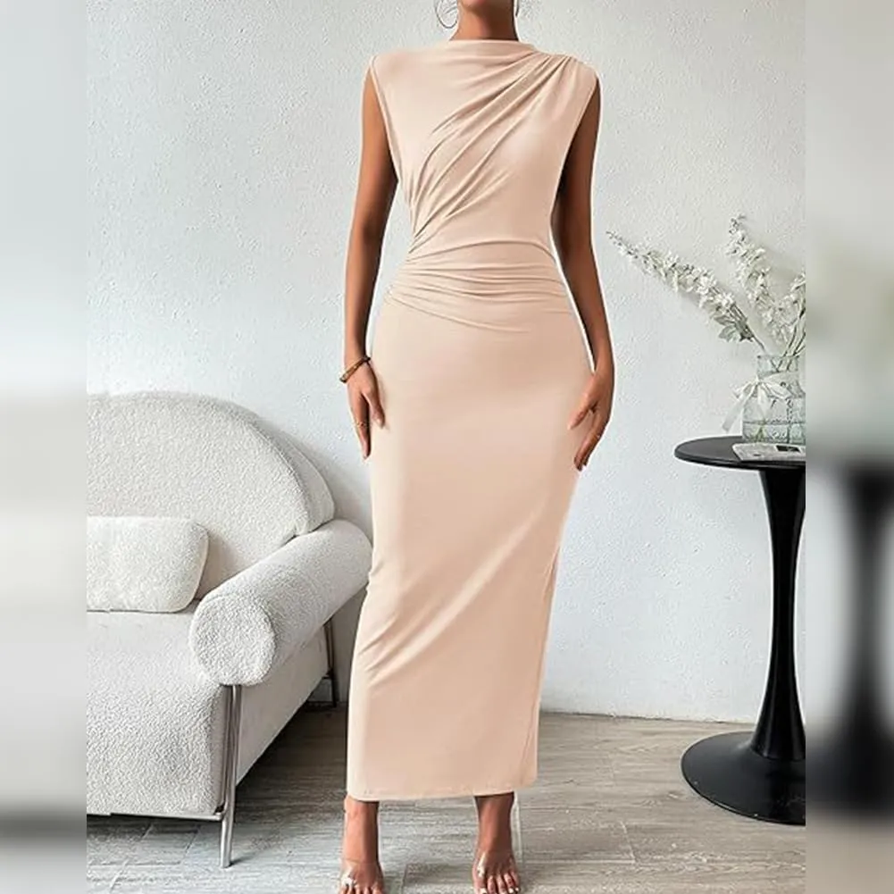 IDOPIP Women Formal Mock Neck Ruched Bodycon Dress Elegant Sleeveless Maxi Dress Prom Cocktail Party Wedding Guest Outfit