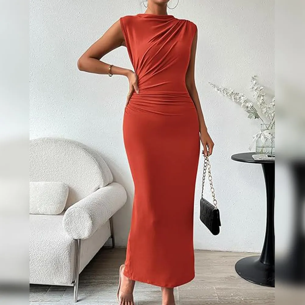 IDOPIP Women Formal Mock Neck Ruched Bodycon Dress Elegant Sleeveless Maxi Dress Prom Cocktail Party Wedding Guest Outfit