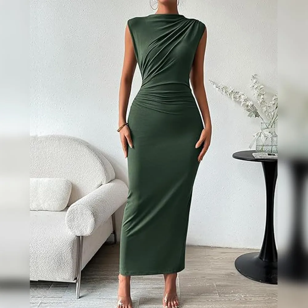 IDOPIP Women Formal Mock Neck Ruched Bodycon Dress Elegant Sleeveless Maxi Dress Prom Cocktail Party Wedding Guest Outfit