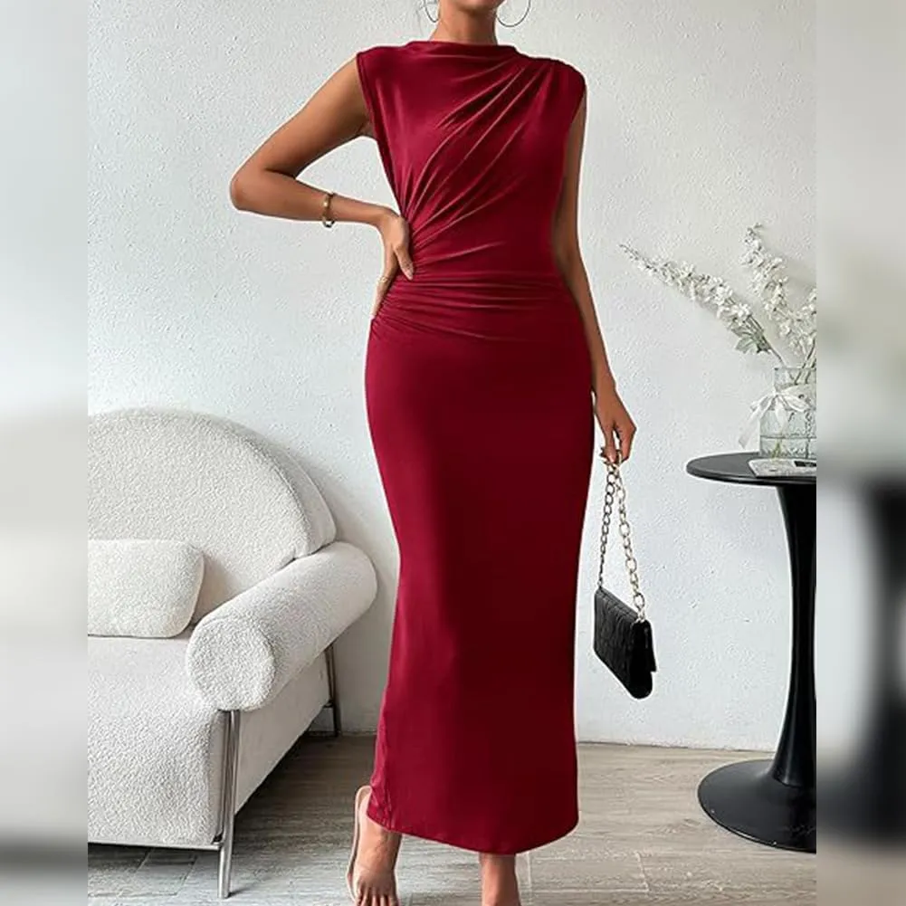 IDOPIP Women Formal Mock Neck Ruched Bodycon Dress Elegant Sleeveless Maxi Dress Prom Cocktail Party Wedding Guest Outfit