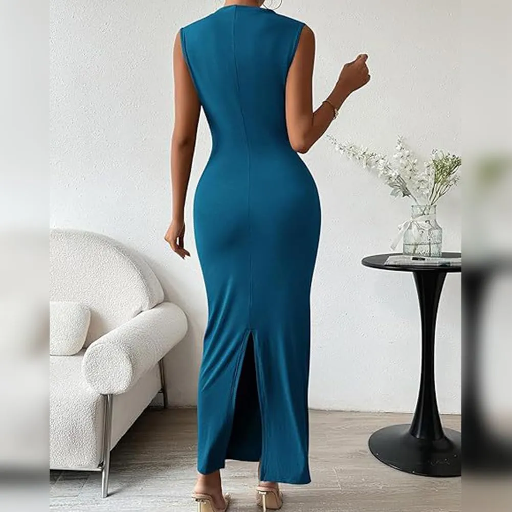IDOPIP Women Formal Mock Neck Ruched Bodycon Dress Elegant Sleeveless Maxi Dress Prom Cocktail Party Wedding Guest Outfit