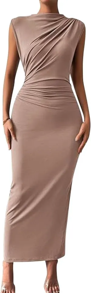 IDOPIP Women Formal Mock Neck Ruched Bodycon Dress Elegant Sleeveless Maxi Dress Prom Cocktail Party Wedding Guest Outfit