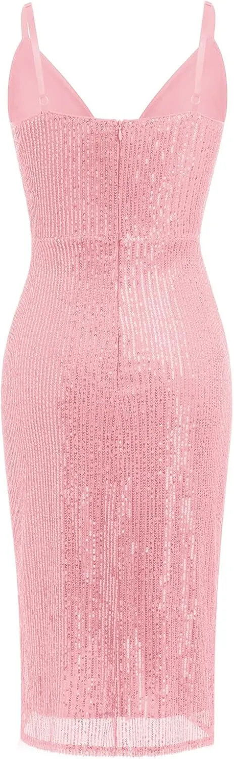 IDOPIP Women V Neck Sequins Ruched Bodycon Dress Formal Evening Party Sparkle Gown Sexy Wrap Cocktail Homecoming Midi Dress