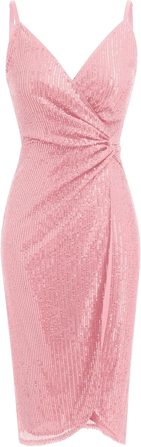 IDOPIP Women V Neck Sequins Ruched Bodycon Dress Formal Evening Party Sparkle Gown Sexy Wrap Cocktail Homecoming Midi Dress