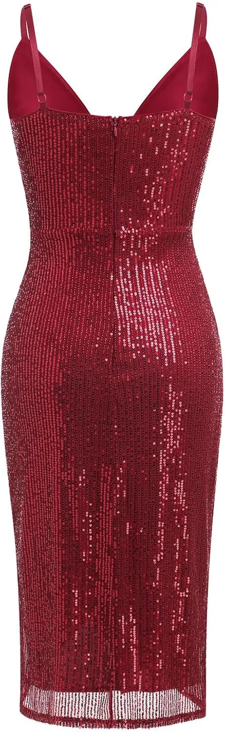 IDOPIP Women V Neck Sequins Ruched Bodycon Dress Formal Evening Party Sparkle Gown Sexy Wrap Cocktail Homecoming Midi Dress