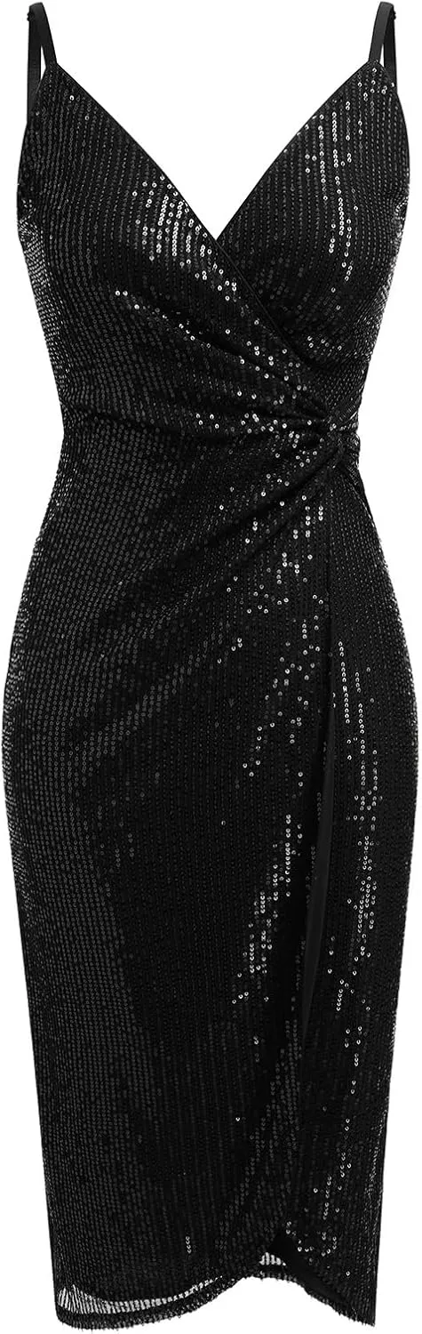 IDOPIP Women V Neck Sequins Ruched Bodycon Dress Formal Evening Party Sparkle Gown Sexy Wrap Cocktail Homecoming Midi Dress