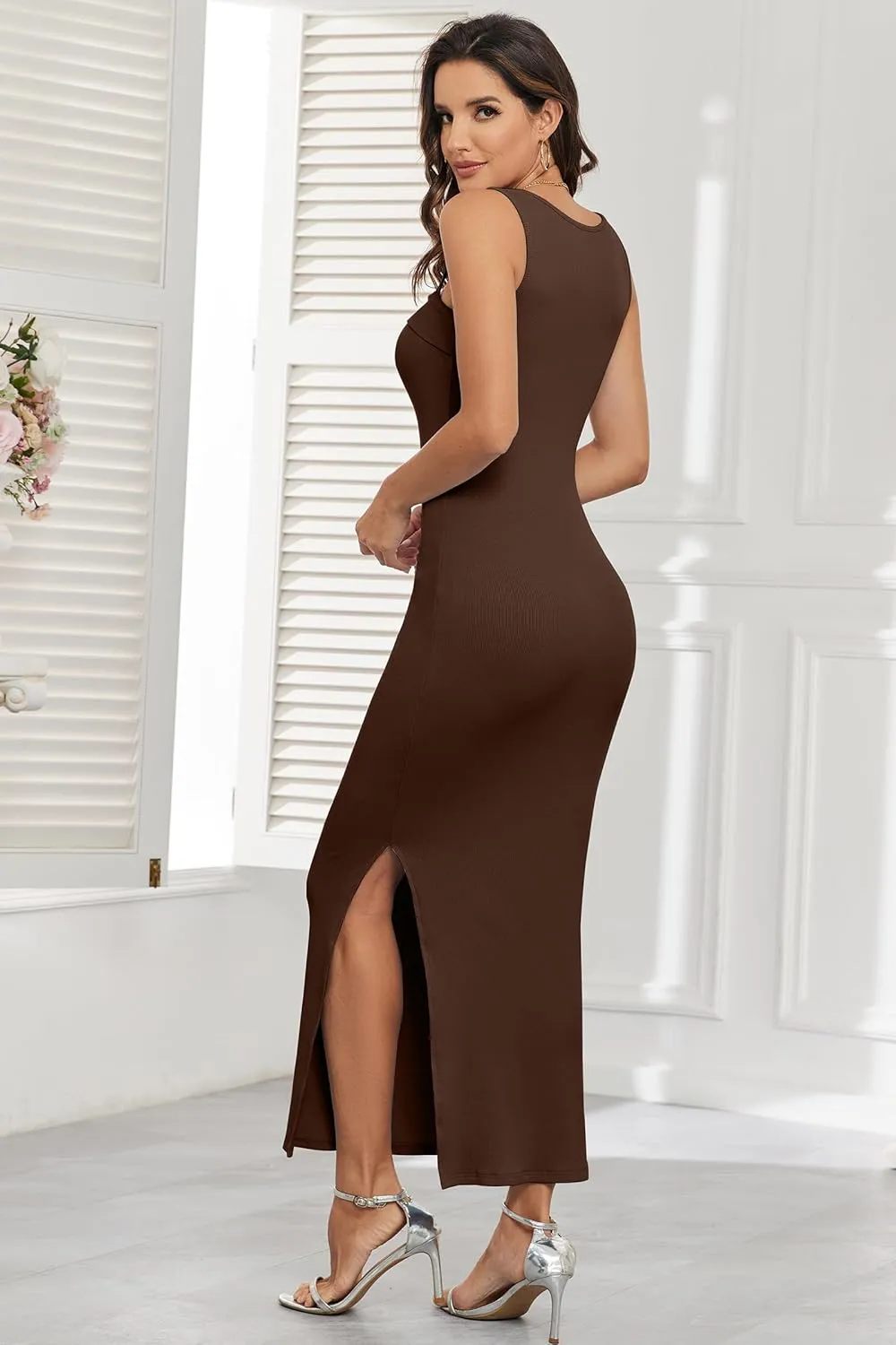 IHOT Women's 2025 Bodycon Maxi Dress Square Neck Casual Sleeveless Side Slit Ribbed Knited Long Tank Dress