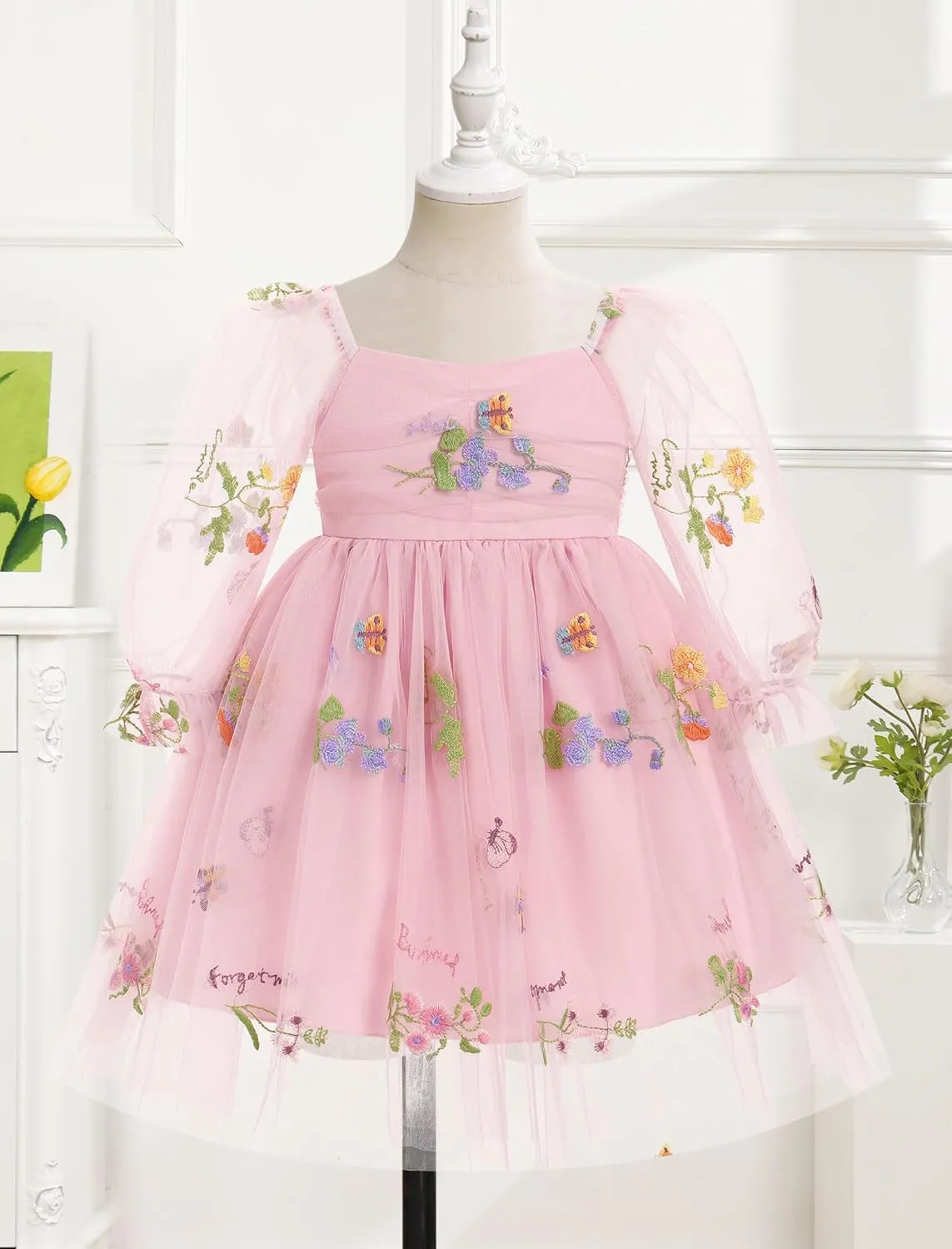 IMEKIS Toddler Girl Birthday Dress Floral Confetti Tulle Formal Wedding Party Long Sleeve Dress Cake Smash Photo Shoot