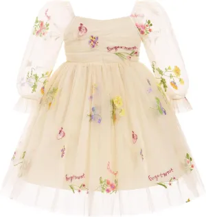 IMEKIS Toddler Girl Birthday Dress Floral Confetti Tulle Formal Wedding Party Long Sleeve Dress Cake Smash Photo Shoot