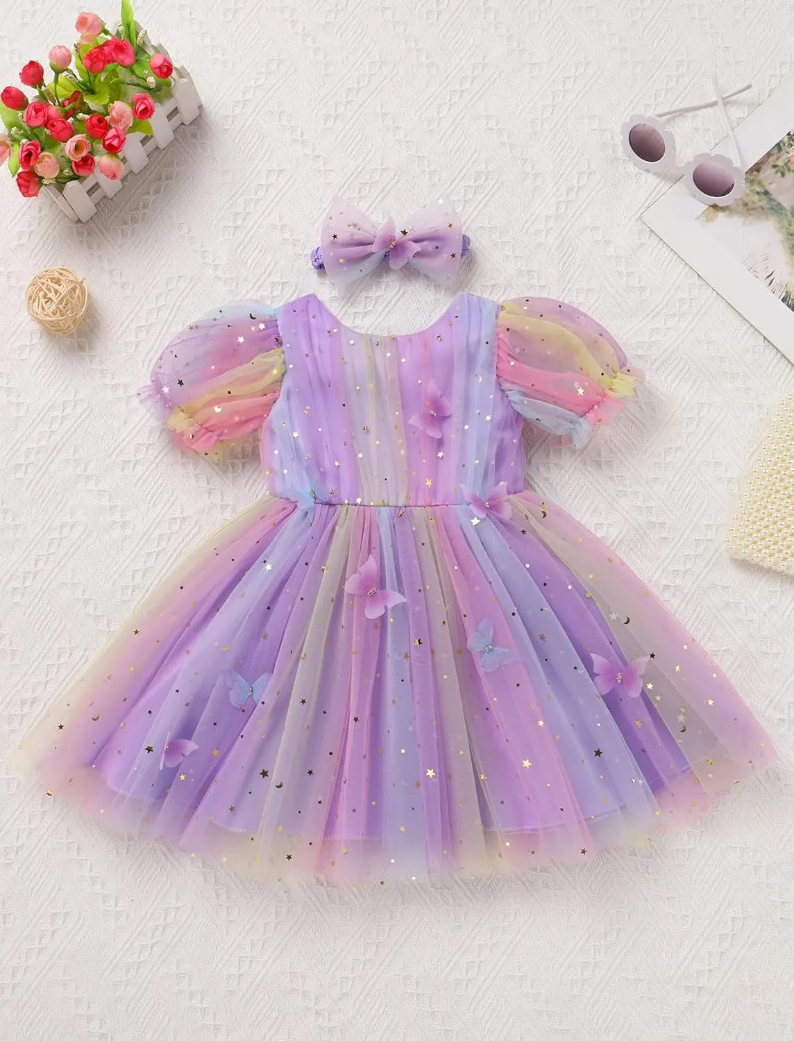 IMEKIS Toddler Girls Sparkle Butterfly Dress Mesh Sleeve Birthday Formal Wedding Pageant Party Tulle Tutu Dresses