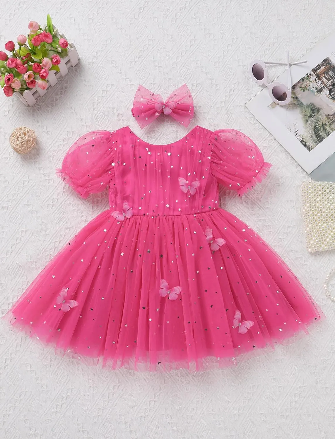 IMEKIS Toddler Girls Sparkle Butterfly Dress Mesh Sleeve Birthday Formal Wedding Pageant Party Tulle Tutu Dresses