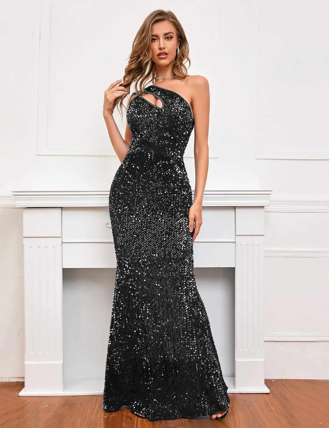 IWFEV Bodycon Sequins Sleeveless Dress Oblique Collar Floor-Length Women's Maxi Dress