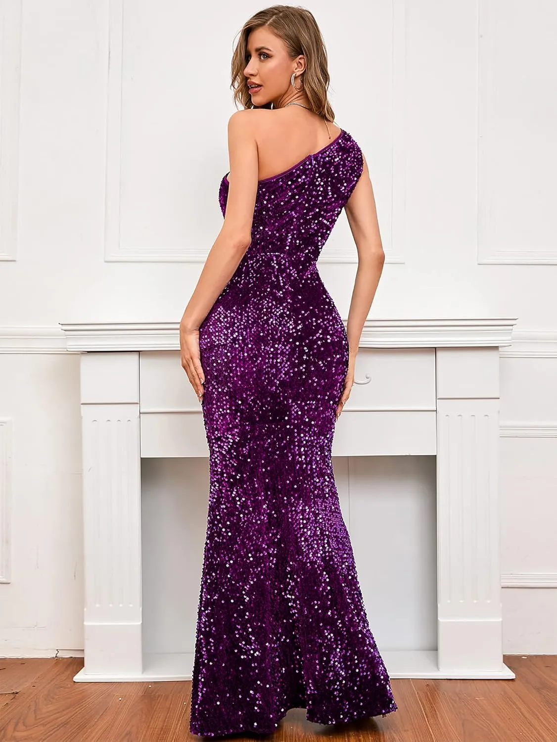 IWFEV Bodycon Sequins Sleeveless Dress Oblique Collar Floor-Length Women's Maxi Dress