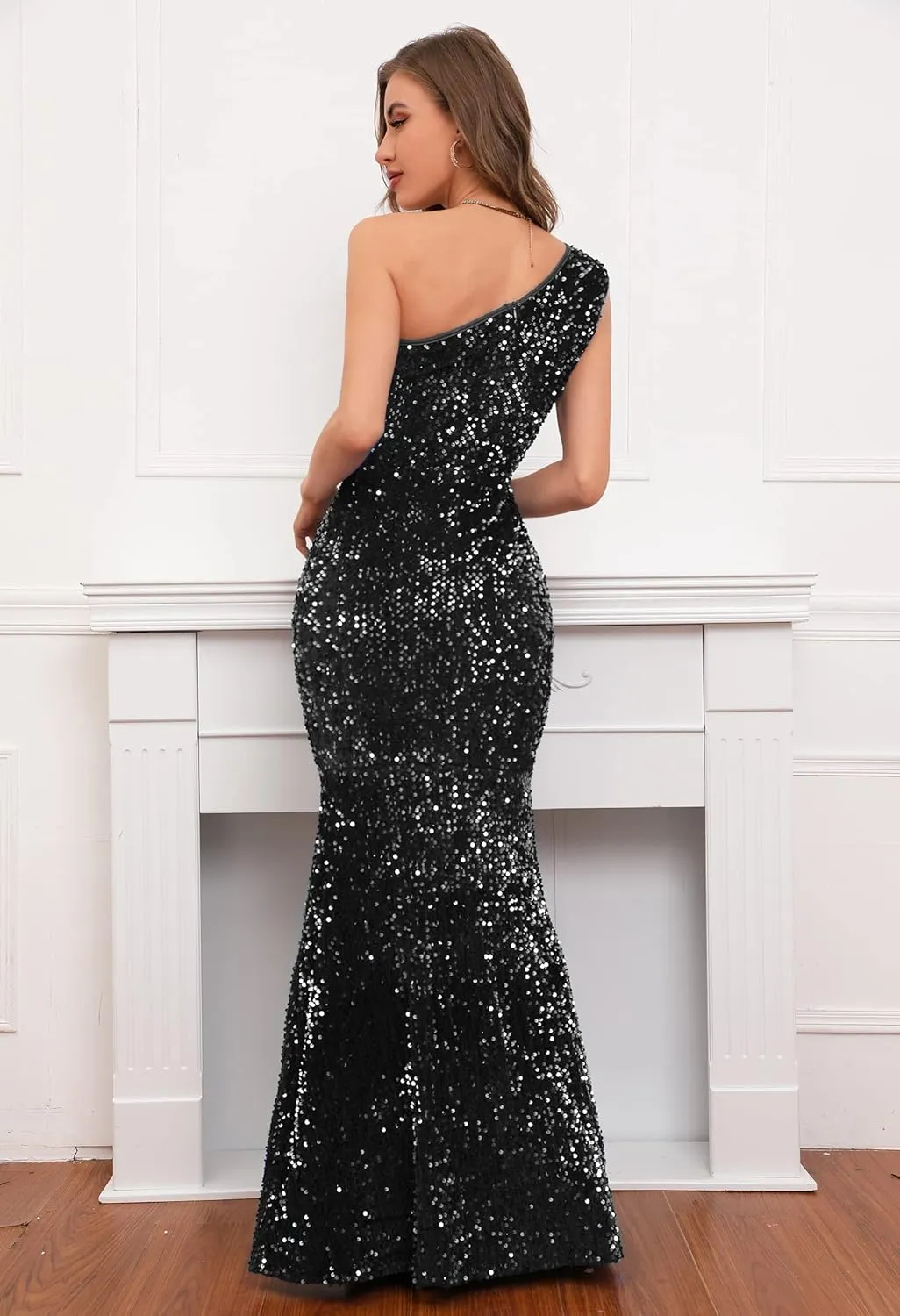 IWFEV Bodycon Sequins Sleeveless Dress Oblique Collar Floor-Length Women's Maxi Dress
