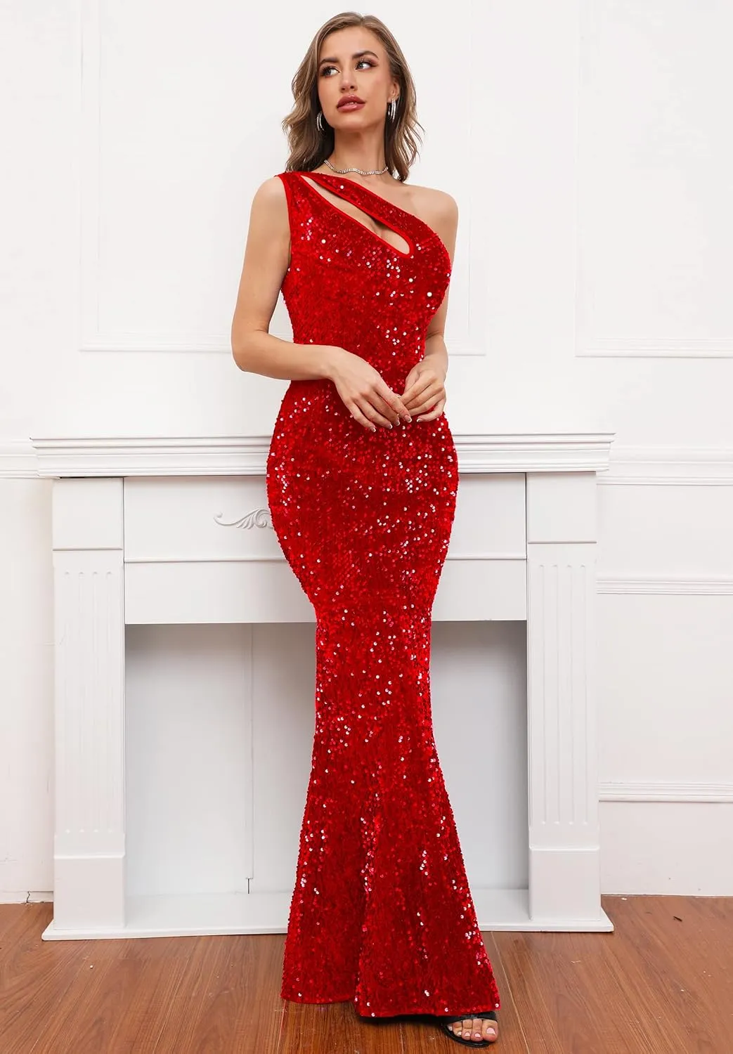 IWFEV Bodycon Sequins Sleeveless Dress Oblique Collar Floor-Length Women's Maxi Dress