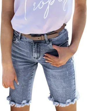 Jean Shorts Womens High Waisted Denim Bermuda Shorts Frayed Raw Hem Ripped Knee Length Jorts Stretch Jean Long Short